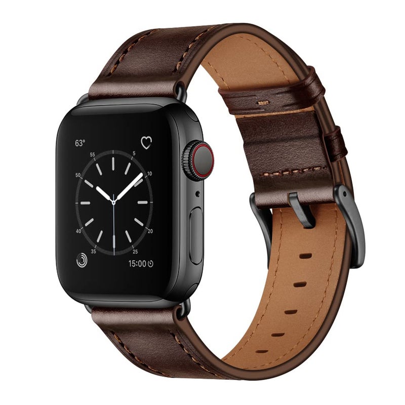OUHENG Leather Bands Compatible with Apple Watch Band 49mm/46mm/45mm/44mm/42mm, Genuine Leather Strap for iWatch Series 11/10/9/8/7/6/5/4/3/2/1 & Ultra 3/2/1 & SE3 SE2 SE, Dark Brown/Black - Image 1